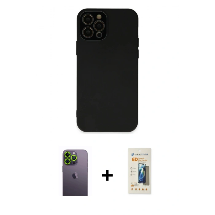 MARSİLYAN™- iPhone 12 Pro Max Kılıf Çekirdek Modern Serisi - Siyah 6D Mat Seramik Hayalet Nano Ekran Koruyucu + Neon Fosforlu Kamera Lens - YL