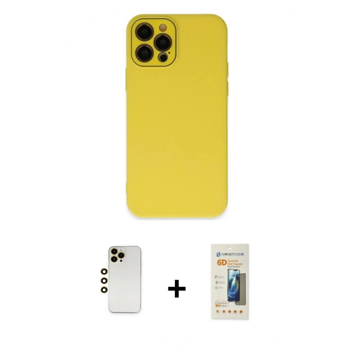 MARSİLYAN™- iPhone 12 Pro Max Kılıf Çekirdek Modern Serisi - Siyah 6D Mat Seramik Hayalet Nano Ekran Koruyucu + Gold Shine Kamera Lens