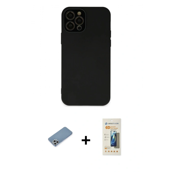 MARSİLYAN™- iPhone 12 Pro Max Kılıf Çekirdek Modern Serisi - Siyah 6D Mat Seramik Hayalet Nano Ekran Koruyucu + Gümüş Shine Kamera Lens Koruma Cam