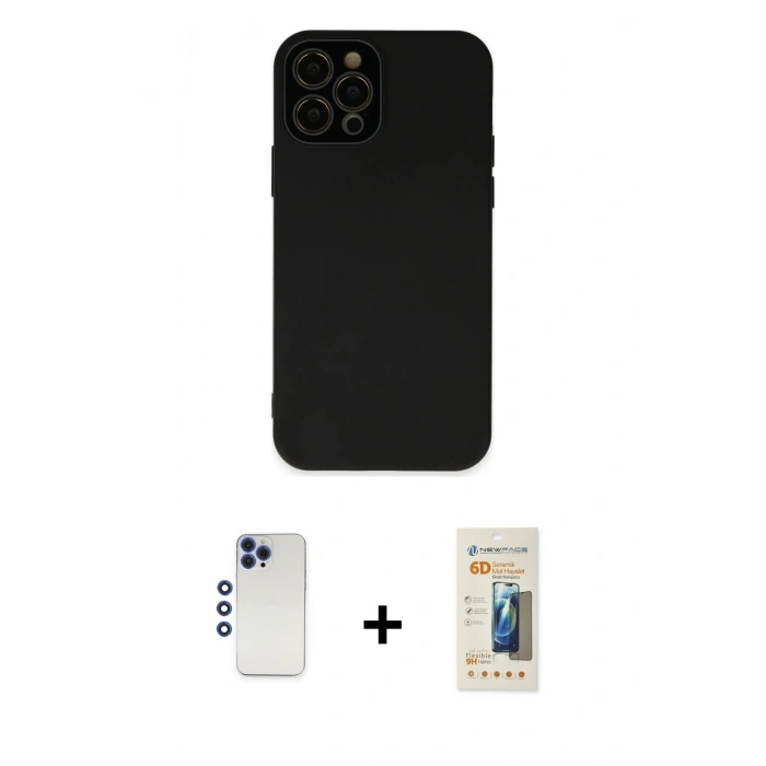 MARSİLYAN™- iPhone 12 Pro Max Kılıf Çekirdek Modern Serisi - Siyah 6D Mat Seramik Hayalet Nano Ekran Koruyucu + Shine Kamera Lens - LT