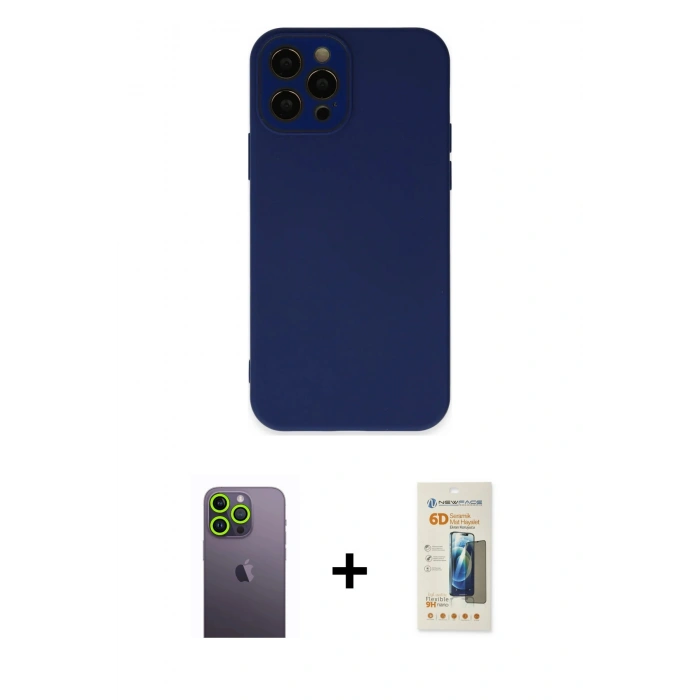 MARSİLYAN™- iPhone 12 Pro Max Kılıf Çekirdek Modern Serisi - Siyah 6D Mat Seramik Hayalet Nano Ekran Koruyucu + Neon Fosforlu Kamera Lens - YL