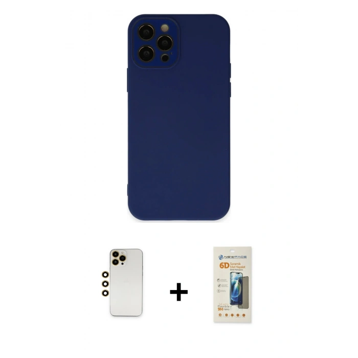 MARSİLYAN™- iPhone 12 Pro Max Kılıf Çekirdek Modern Serisi - Siyah 6D Mat Seramik Hayalet Nano Ekran Koruyucu + Gold Shine Kamera Lens