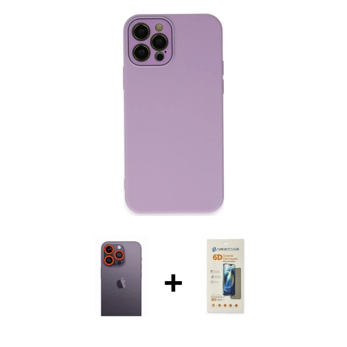 MARSİLYAN™- iPhone 12 Pro Max Kılıf Çekirdek Modern Serisi - Siyah 6D Mat Seramik Hayalet Nano Ekran Koruyucu + Neon Fosforlu Kamera Lens - TU