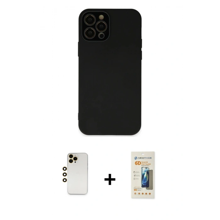 MARSİLYAN™- iPhone 12 Pro Max Kılıf Çekirdek Modern Serisi - Siyah 6D Mat Seramik Hayalet Nano Ekran Koruyucu + Gold Shine Kamera Lens
