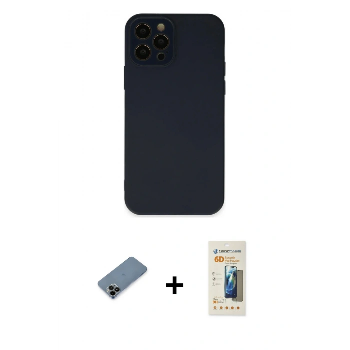 MARSİLYAN™- iPhone 12 Pro Max Kılıf Çekirdek Modern Serisi - Siyah 6D Mat Seramik Hayalet Nano Ekran Koruyucu + Shine Kamera Lens Koruma Cam - SH