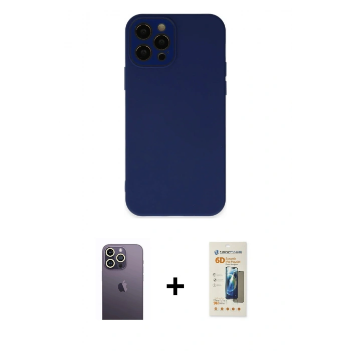 MARSİLYAN™- iPhone 12 Pro Max Kılıf Çekirdek Modern Serisi - Siyah 6D Mat Seramik Hayalet Nano Ekran Koruyucu + Neon Fosforlu Kamera Lens - BZ