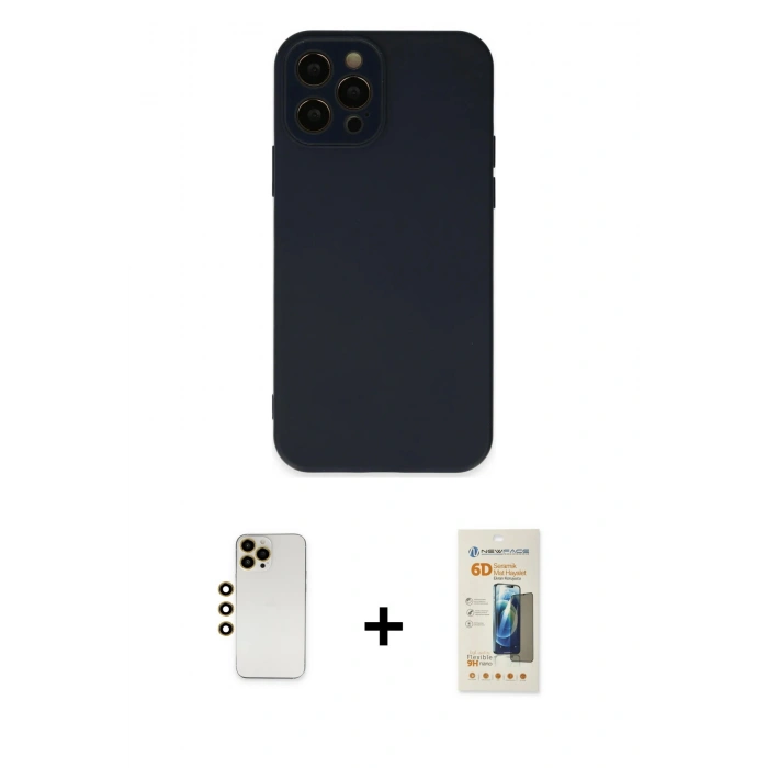 MARSİLYAN™- iPhone 12 Pro Max Kılıf Çekirdek Modern Serisi - Siyah 6D Mat Seramik Hayalet Nano Ekran Koruyucu + Gold Shine Kamera Lens