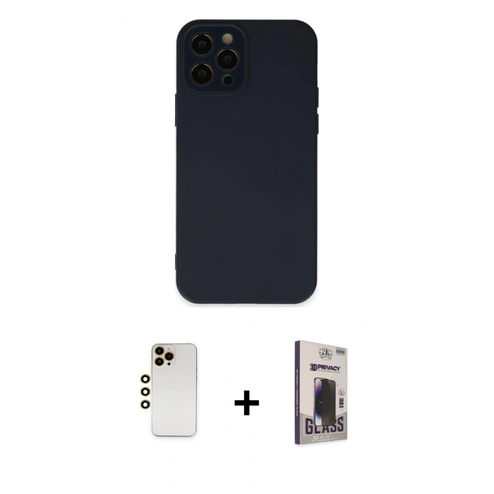 MARSİLYAN™- iPhone 12 Pro Max Kılıf Çekirdek Modern Serisi - Siyah Bilvis Hayalet Cam Ekran Koruyucu + Gold Shine Kamera Lens