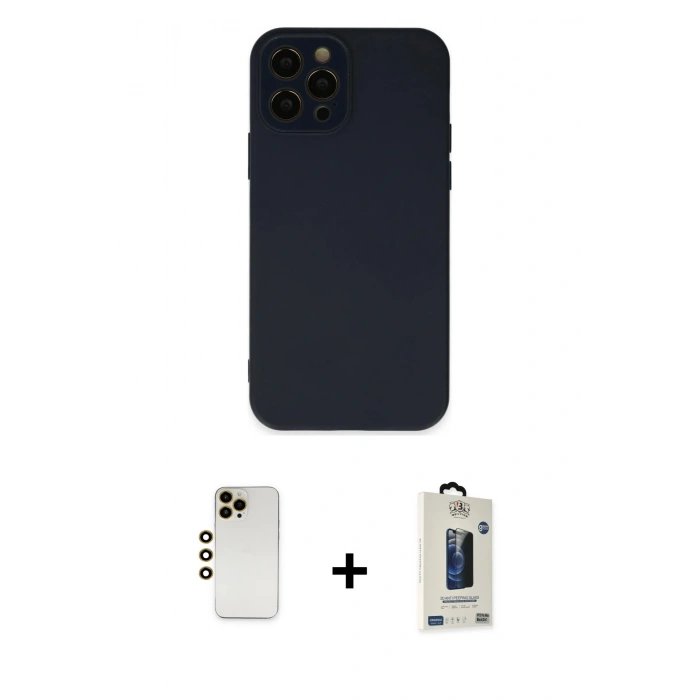 MARSİLYAN™- iPhone 12 Pro Max Kılıf Çekirdek Modern Serisi - Siyah Bilvis Hayalet Cam Ekran Koruyucu + Shine Kamera Lens - GD