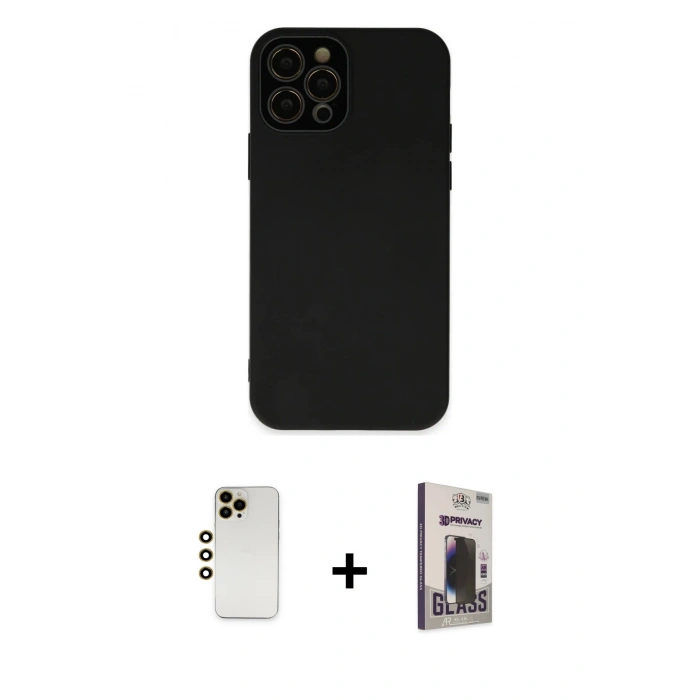 MARSİLYAN™- iPhone 12 Pro Max Kılıf Çekirdek Modern Serisi - Siyah Bilvis Hayalet Cam Ekran Koruyucu + Gold Shine Kamera Lens