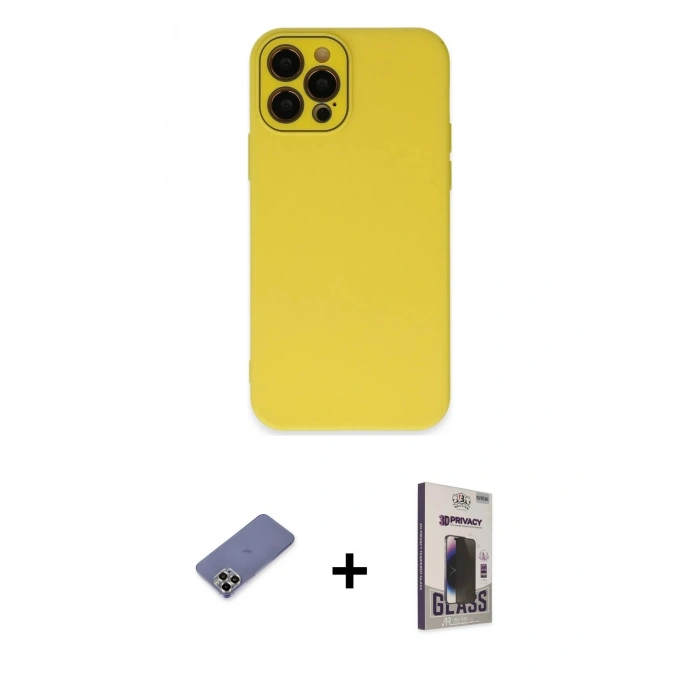 MARSİLYAN™- iPhone 12 Pro Max Kılıf Çekirdek Modern Serisi - Siyah Bilvis Hayalet Cam Ekran Koruyucu + Metal Kamera Lens Koruma Cam - GD