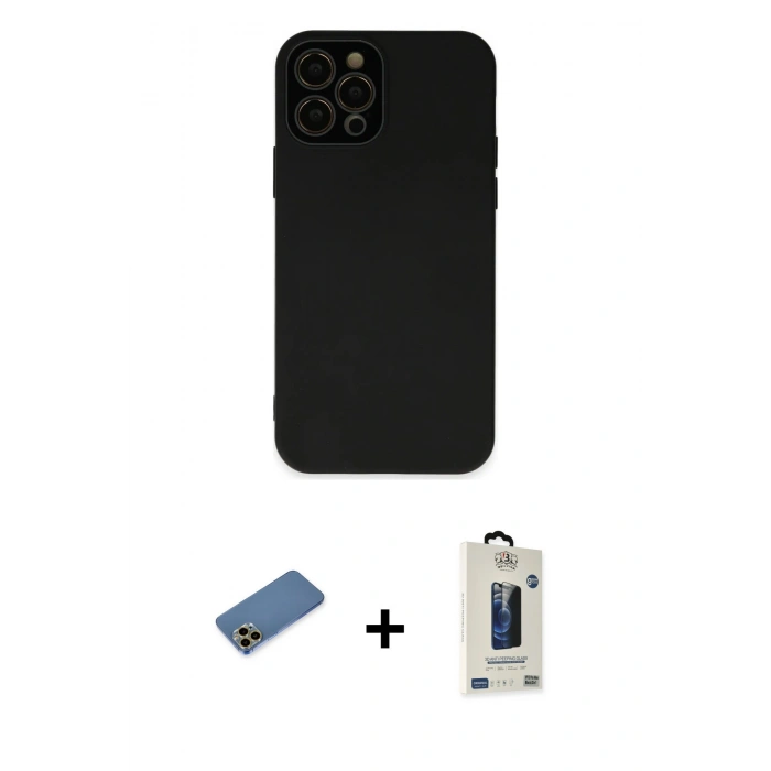 MARSİLYAN™- iPhone 12 Pro Max Kılıf Çekirdek Modern Serisi - Siyah Bilvis Hayalet Cam Ekran Koruyucu + Shine Kamera Lens Koruma Cam - GD