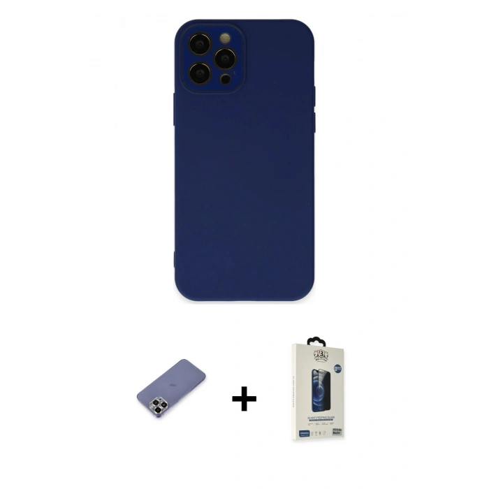 MARSİLYAN™- iPhone 12 Pro Max Kılıf Çekirdek Modern Serisi - Siyah Bilvis Hayalet Cam Ekran Koruyucu + Metal Kamera Lens Koruma Cam - GD