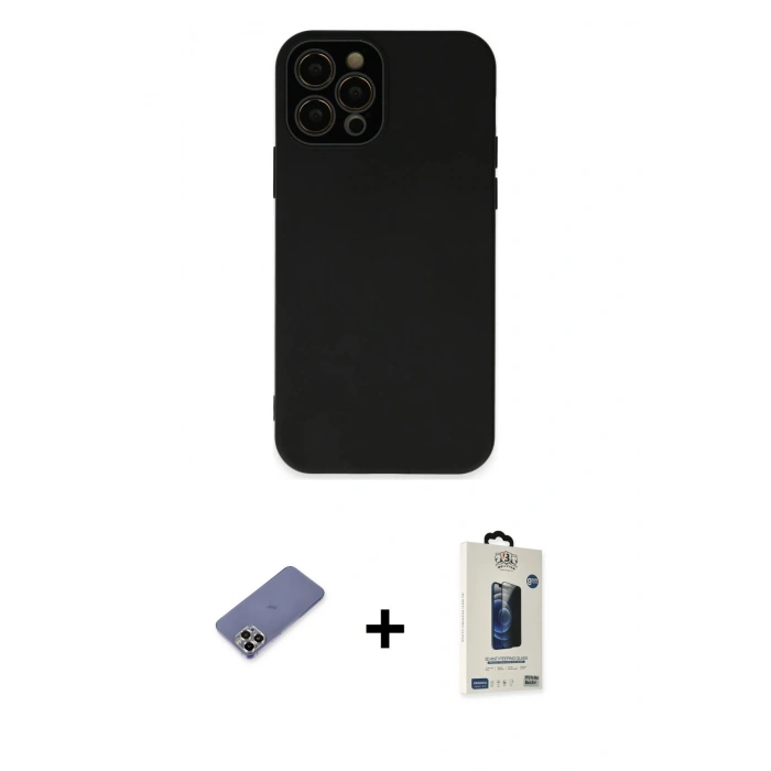 MARSİLYAN™- iPhone 12 Pro Max Kılıf Çekirdek Modern Serisi - Siyah Bilvis Hayalet Cam Ekran Koruyucu + Metal Kamera Lens Koruma Cam - GD