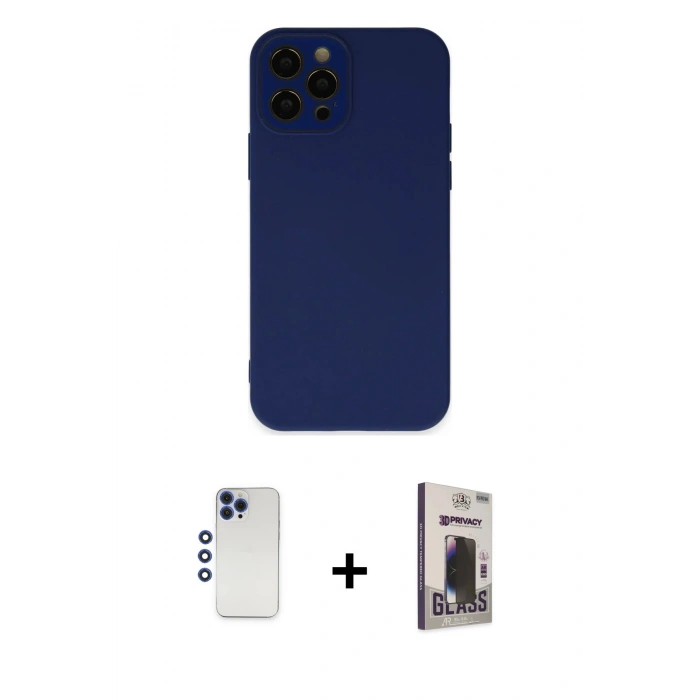 MARSİLYAN™- iPhone 12 Pro Max Kılıf Çekirdek Modern Serisi - Siyah Bilvis Hayalet Cam Ekran Koruyucu + Lacivert Shine Kamera Lens