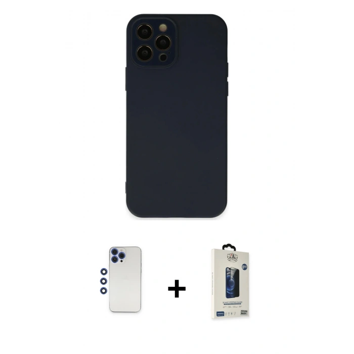 MARSİLYAN™- iPhone 12 Pro Max Kılıf Çekirdek Modern Serisi - Siyah Bilvis Hayalet Cam Ekran Koruyucu + Shine Kamera Lens - LT