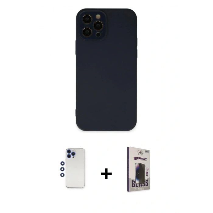 MARSİLYAN™- iPhone 12 Pro Max Kılıf Çekirdek Modern Serisi - Siyah Bilvis Hayalet Cam Ekran Koruyucu + Lacivert Shine Kamera Lens
