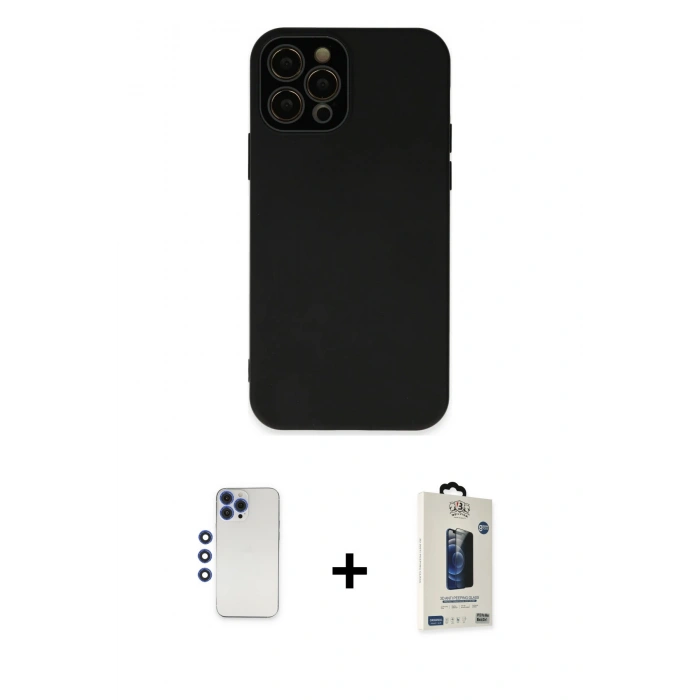 MARSİLYAN™- iPhone 12 Pro Max Kılıf Çekirdek Modern Serisi - Siyah Bilvis Hayalet Cam Ekran Koruyucu + Shine Kamera Lens - LT