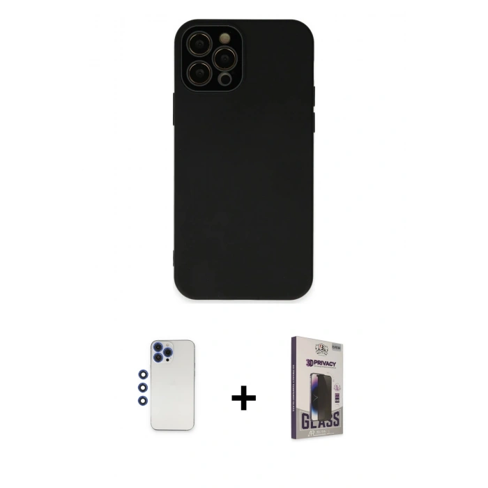 MARSİLYAN™- iPhone 12 Pro Max Kılıf Çekirdek Modern Serisi - Siyah Bilvis Hayalet Cam Ekran Koruyucu + Lacivert Shine Kamera Lens