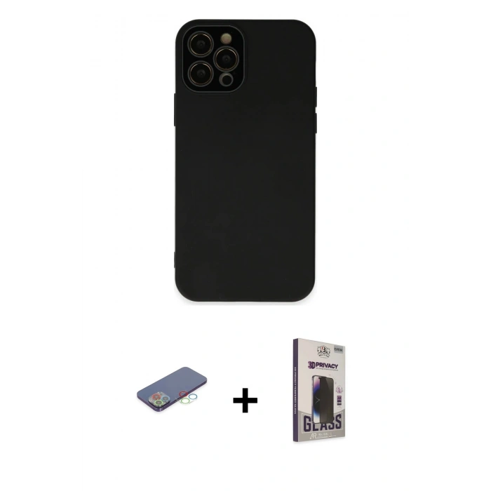 MARSİLYAN™- iPhone 12 Pro Max Kılıf Çekirdek Modern Serisi - Siyah Bilvis Hayalet Cam Ekran Koruyucu + Mavi Renkli Kamera Lens Koruma Cam