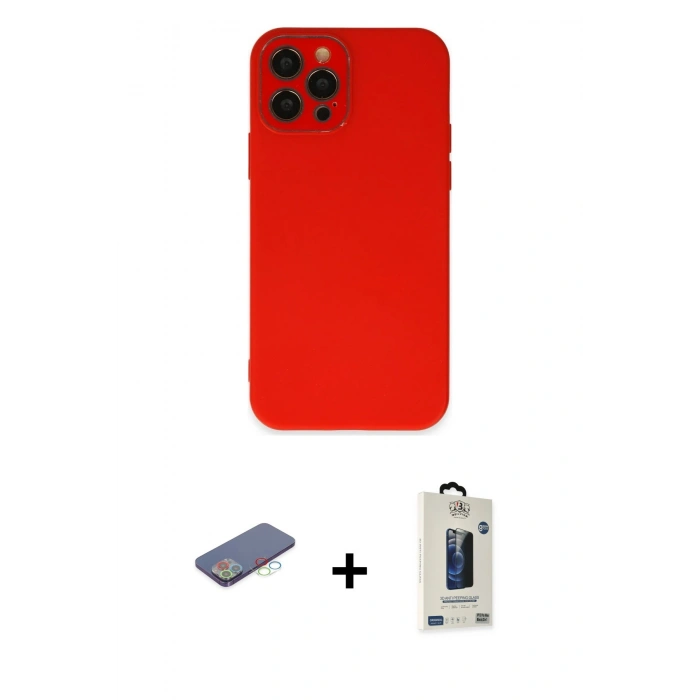 MARSİLYAN™- iPhone 12 Pro Max Kılıf Çekirdek Modern Serisi - Siyah Bilvis Hayalet Cam Ekran Koruyucu + Mavi Renkli Kamera Lens Koruma Cam