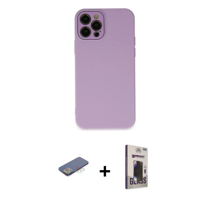 MARSİLYAN™- iPhone 12 Pro Max Kılıf Çekirdek Modern Serisi - Siyah Bilvis Hayalet Cam Ekran Koruyucu + Mavi Renkli Kamera Lens Koruma Cam