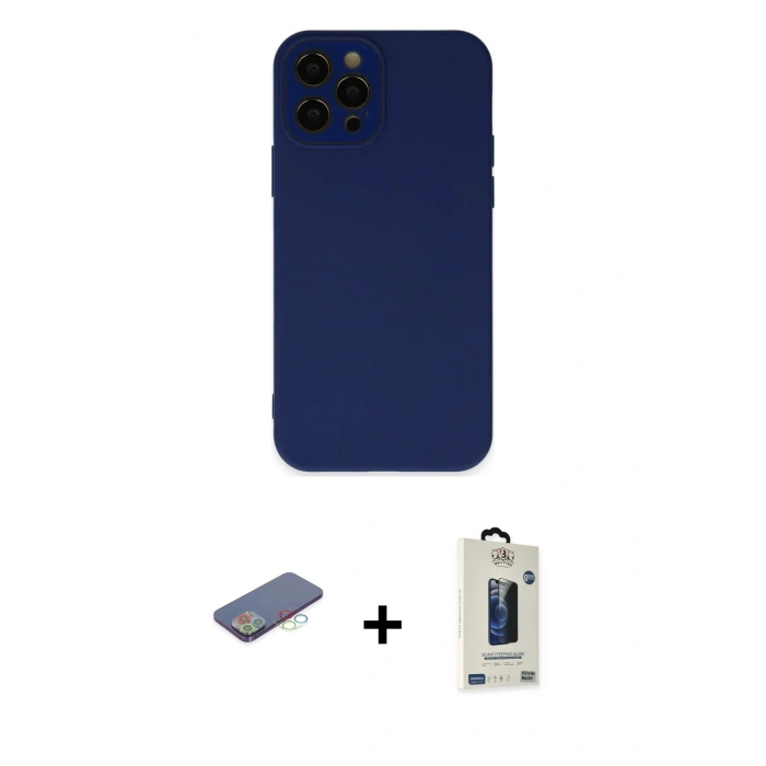 MARSİLYAN™- iPhone 12 Pro Max Kılıf Çekirdek Modern Serisi - Siyah Bilvis Hayalet Cam Ekran Koruyucu + Mavi Renkli Kamera Lens Koruma Cam