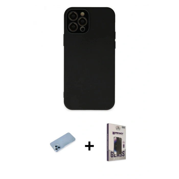 MARSİLYAN™- iPhone 12 Pro Max Kılıf Çekirdek Modern Serisi - Siyah Bilvis Hayalet Cam Ekran Koruyucu + Shine Kamera Lens Koruma Cam - MI