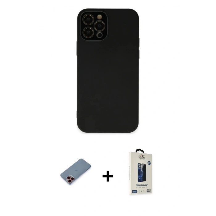 MARSİLYAN™- iPhone 12 Pro Max Kılıf Çekirdek Modern Serisi - Siyah Bilvis Hayalet Cam Ekran Koruyucu + Metal Kamera Lens Koruma Cam - KI
