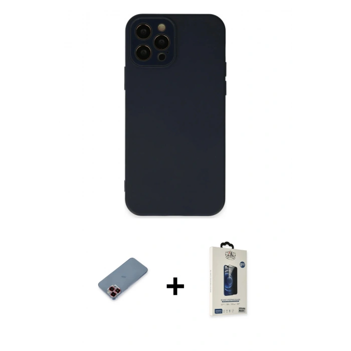 MARSİLYAN™- iPhone 12 Pro Max Kılıf Çekirdek Modern Serisi - Siyah Bilvis Hayalet Cam Ekran Koruyucu + Metal Kamera Lens Koruma Cam - KI