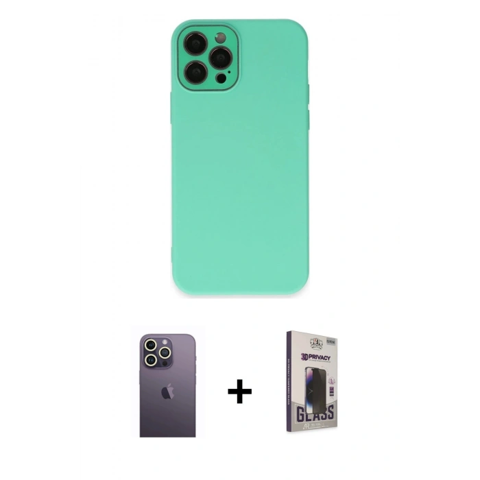 MARSİLYAN™- iPhone 12 Pro Max Kılıf Çekirdek Modern Serisi - Siyah Bilvis Hayalet Cam Ekran Koruyucu + Neon Fosforlu Kamera Lens - BZ