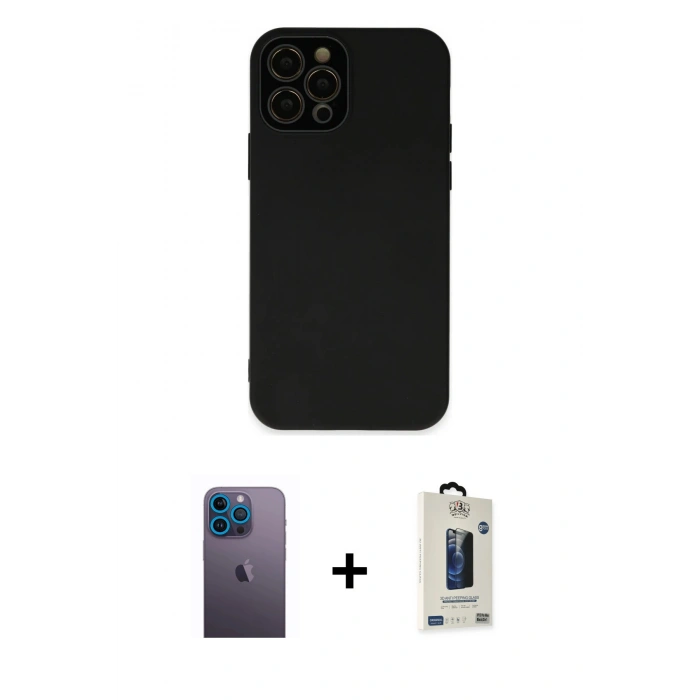 MARSİLYAN™- iPhone 12 Pro Max Kılıf Çekirdek Modern Serisi - Siyah Bilvis Hayalet Cam Ekran Koruyucu + Neon Fosforlu Kamera Lens - MI