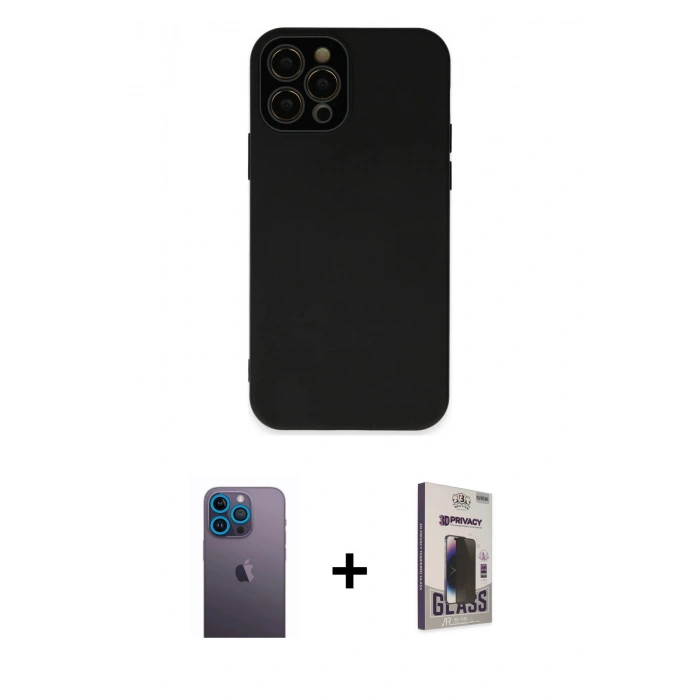 MARSİLYAN™- iPhone 12 Pro Max Kılıf Çekirdek Modern Serisi - Siyah Bilvis Hayalet Cam Ekran Koruyucu + Neon Fosforlu Kamera Lens - MI