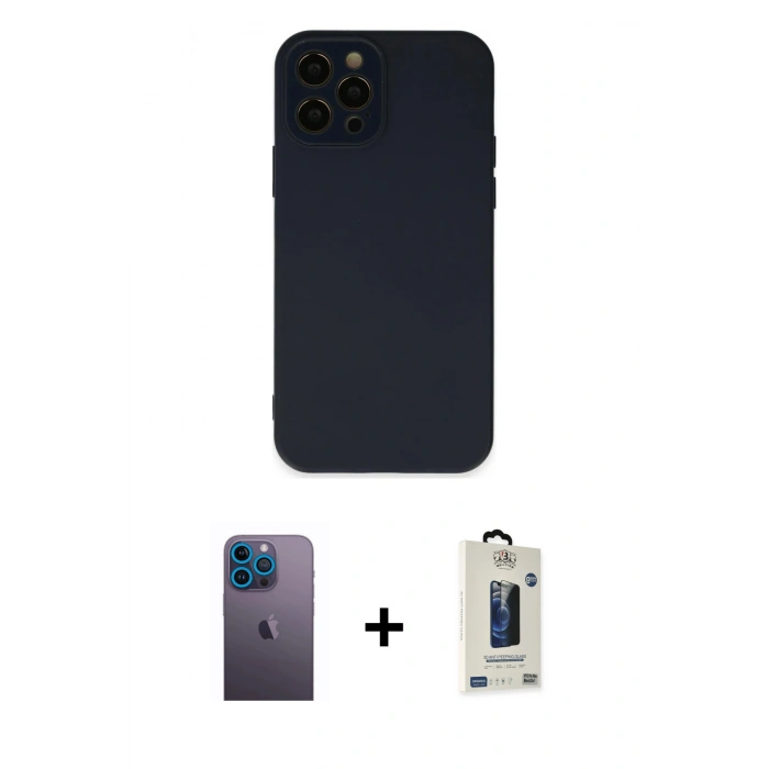 MARSİLYAN™- iPhone 12 Pro Max Kılıf Çekirdek Modern Serisi - Siyah Bilvis Hayalet Cam Ekran Koruyucu + Neon Fosforlu Kamera Lens - MI