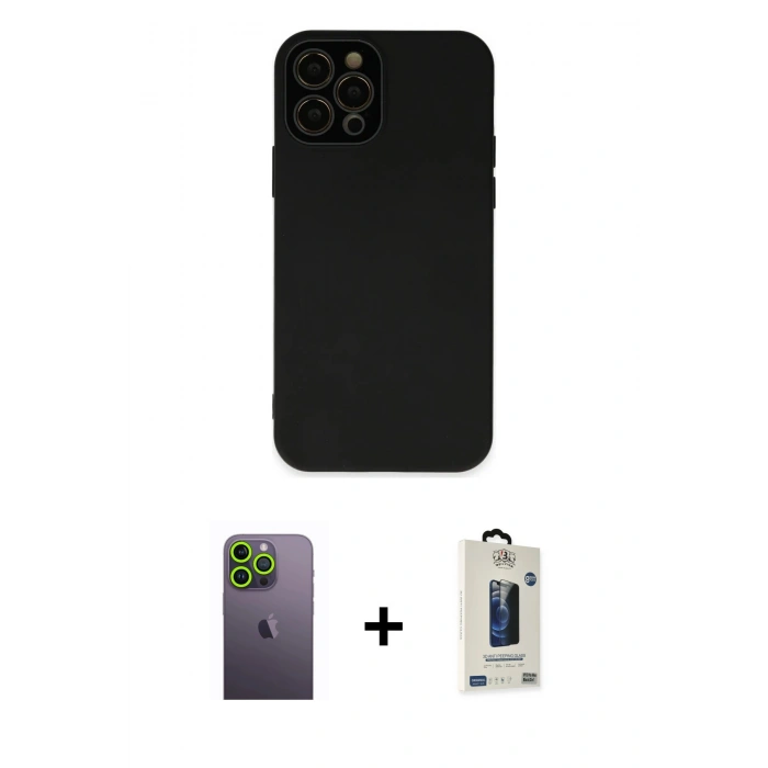 MARSİLYAN™- iPhone 12 Pro Max Kılıf Çekirdek Modern Serisi - Siyah Bilvis Hayalet Cam Ekran Koruyucu + Neon Fosforlu Kamera Lens - YL