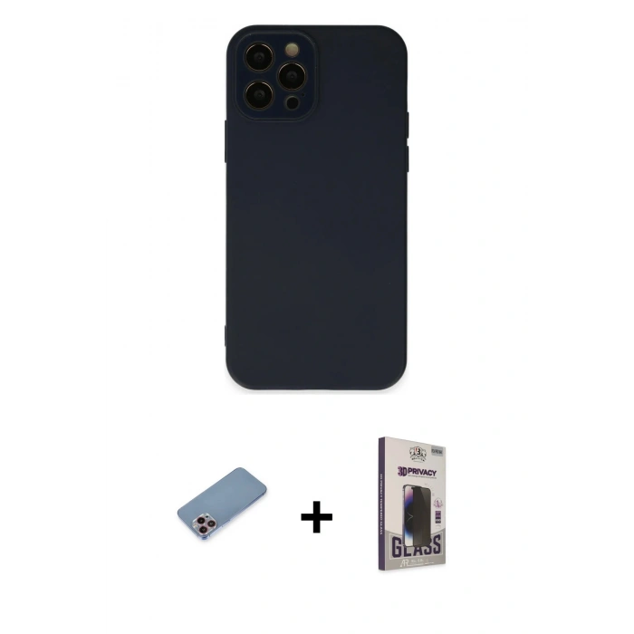 MARSİLYAN™- iPhone 12 Pro Max Kılıf Çekirdek Modern Serisi - Siyah Bilvis Hayalet Cam Ekran Koruyucu + Shine Kamera Lens Koruma Cam - PE
