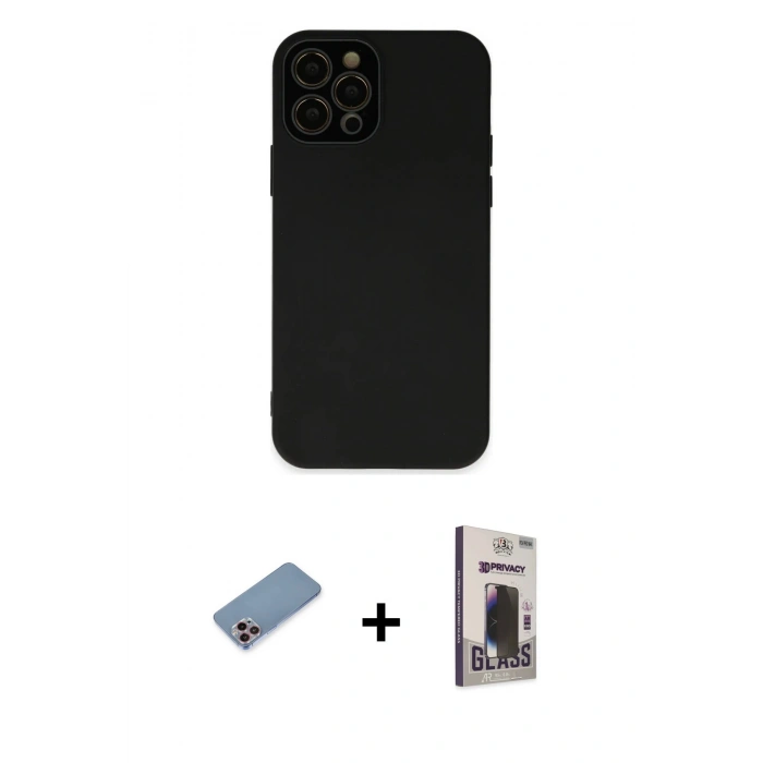 MARSİLYAN™- iPhone 12 Pro Max Kılıf Çekirdek Modern Serisi - Siyah Bilvis Hayalet Cam Ekran Koruyucu + Shine Kamera Lens Koruma Cam - PE