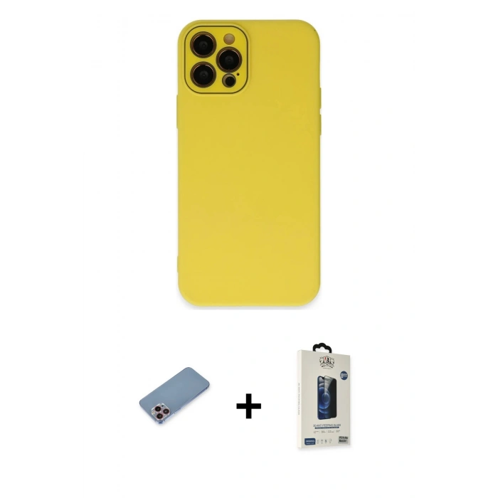 MARSİLYAN™- iPhone 12 Pro Max Kılıf Çekirdek Modern Serisi - Siyah Bilvis Hayalet Cam Ekran Koruyucu + Shine Kamera Lens Koruma Cam - PE