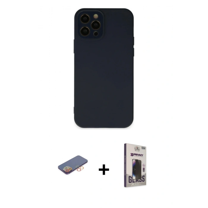 MARSİLYAN™- iPhone 12 Pro Max Kılıf Çekirdek Modern Serisi - Siyah Bilvis Hayalet Cam Ekran Koruyucu + Renkli Kamera Lens Koruma Cam - TU
