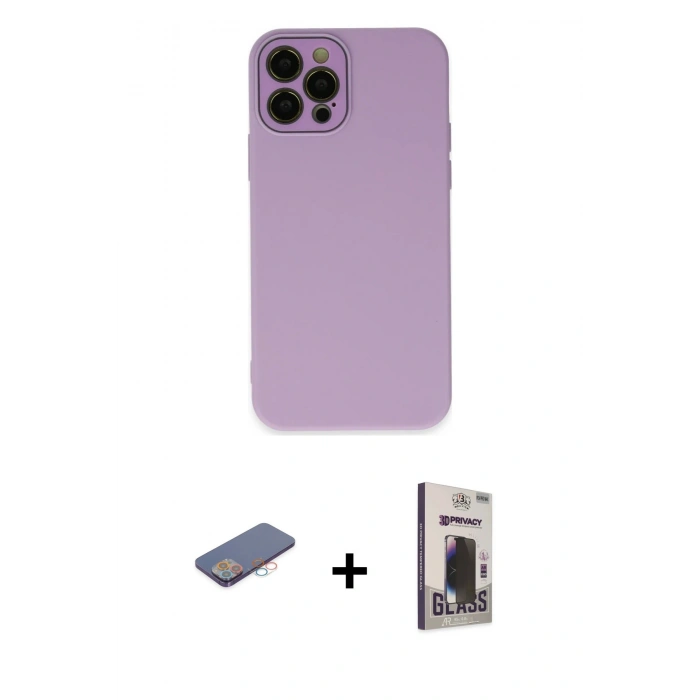 MARSİLYAN™- iPhone 12 Pro Max Kılıf Çekirdek Modern Serisi - Siyah Bilvis Hayalet Cam Ekran Koruyucu + Renkli Kamera Lens Koruma Cam - PE