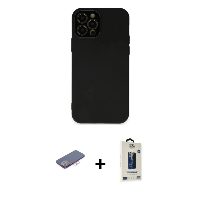 MARSİLYAN™- iPhone 12 Pro Max Kılıf Çekirdek Modern Serisi - Siyah Bilvis Hayalet Cam Ekran Koruyucu + Renkli Kamera Lens Koruma Cam - PE