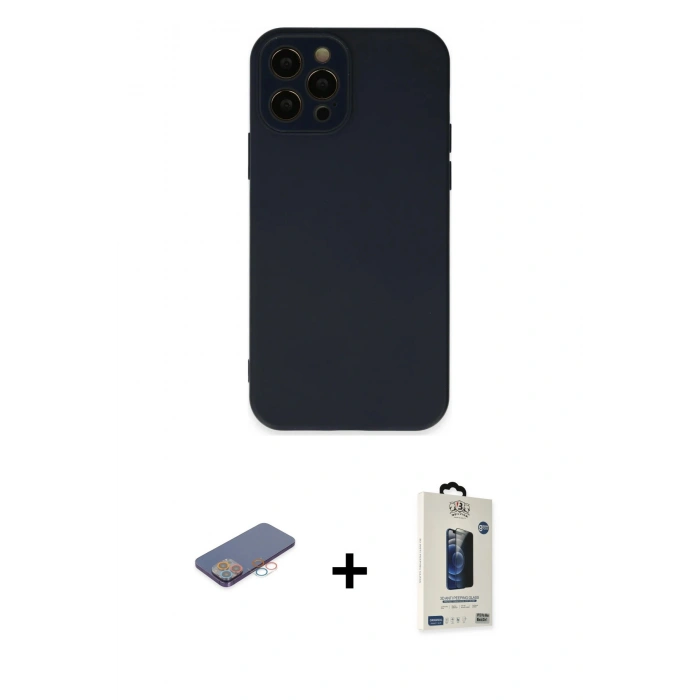 MARSİLYAN™- iPhone 12 Pro Max Kılıf Çekirdek Modern Serisi - Siyah Bilvis Hayalet Cam Ekran Koruyucu + Renkli Kamera Lens Koruma Cam - PE