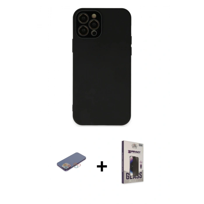 MARSİLYAN™- iPhone 12 Pro Max Kılıf Çekirdek Modern Serisi - Siyah Bilvis Hayalet Cam Ekran Koruyucu + Renkli Kamera Lens Koruma Cam - PE