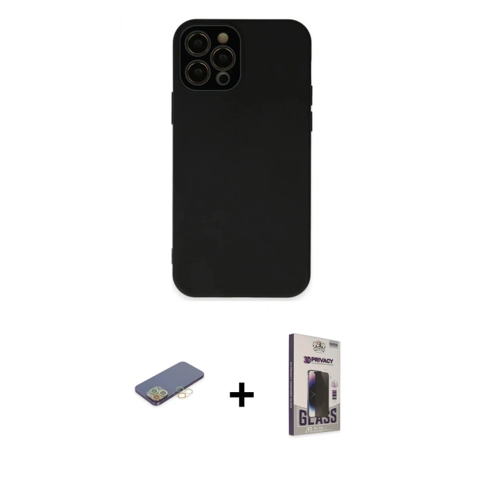 MARSİLYAN™- iPhone 12 Pro Max Kılıf Çekirdek Modern Serisi - Siyah Bilvis Hayalet Cam Ekran Koruyucu + Renkli Kamera Lens Koruma Cam - SI