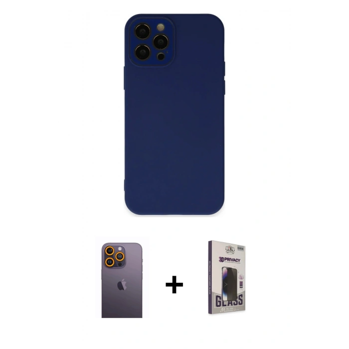 MARSİLYAN™- iPhone 12 Pro Max Kılıf Çekirdek Modern Serisi - Siyah Bilvis Hayalet Cam Ekran Koruyucu + Sarı Neon Fosforlu Kamera Lens