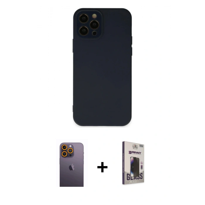 MARSİLYAN™- iPhone 12 Pro Max Kılıf Çekirdek Modern Serisi - Siyah Bilvis Hayalet Cam Ekran Koruyucu + Sarı Neon Fosforlu Kamera Lens