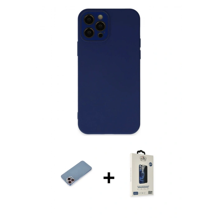 MARSİLYAN™- iPhone 12 Pro Max Kılıf Çekirdek Modern Serisi - Siyah Bilvis Hayalet Cam Ekran Koruyucu + Shine Kamera Lens Koruma Cam - PE