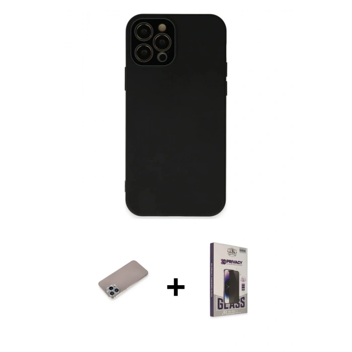MARSİLYAN™- iPhone 12 Pro Max Kılıf Çekirdek Modern Serisi - Siyah Bilvis Hayalet Cam Ekran Koruyucu + Shine Kamera Lens Koruma Cam - SABE