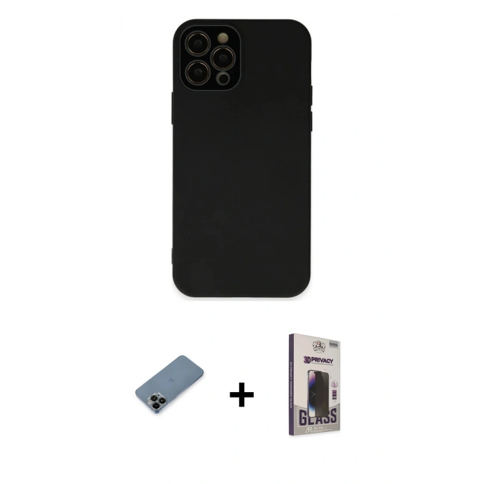 MARSİLYAN™- iPhone 12 Pro Max Kılıf Çekirdek Modern Serisi - Siyah Bilvis Hayalet Cam Ekran Koruyucu + Shine Kamera Lens Koruma Cam - SH