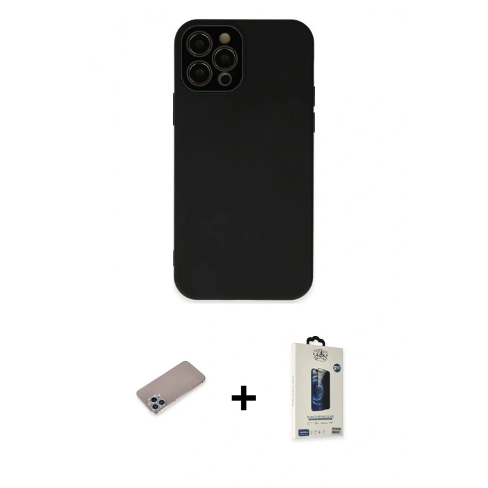 MARSİLYAN™- iPhone 12 Pro Max Kılıf Çekirdek Modern Serisi - Siyah Bilvis Hayalet Cam Ekran Koruyucu + Shine Kamera Lens Koruma Cam - SABE